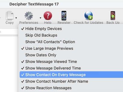 Screenshot preference of Decipher TextMessage showing how to view and display contact name on every text message on iPhone and iPad print outs