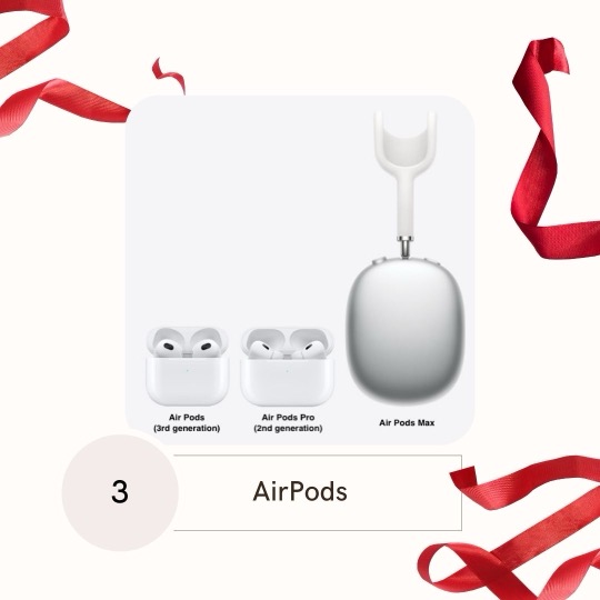 Picture of AirPods 3rd generation, AirPods Pro 2nd generation, and AirPods Max.