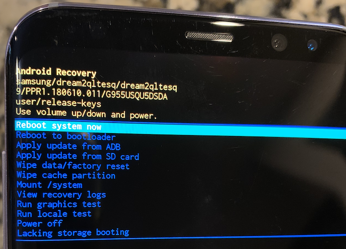 Android Recovery menu, selecting Reboot system now