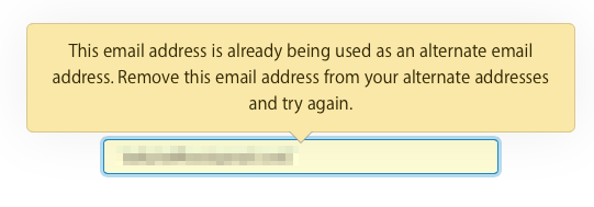 Apple ID error message This email address is already being used as an alternate email address. Remove this email address from your alternate addresses and try again.