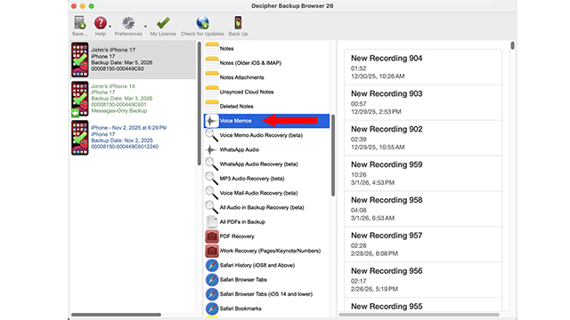 Transfer and export iPhone voice memos to computer. Share and save voice memos from iPhone with the trusted third-party app Decipher Backup Browser.