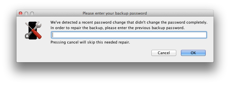 Decipher Backup Repair prompting for previous backup password to fix password change errors