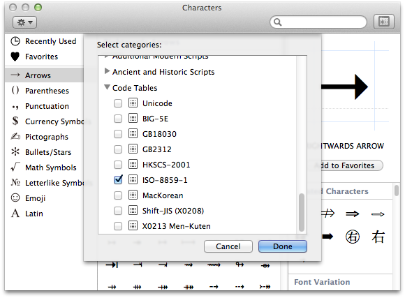 OS X Yosemite adding ISO-8859-1 symbols to the symbols and emoji window.