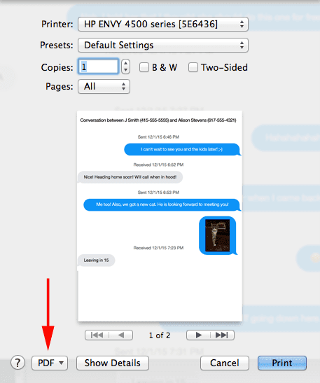 print iPhone text messages to PDF on macOS