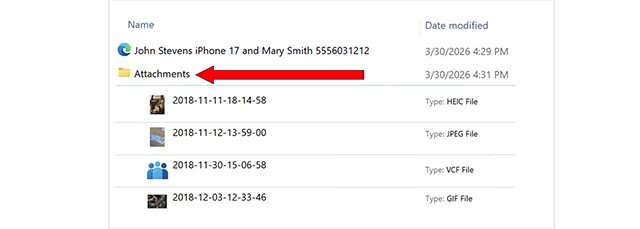 Attachments folder of photos and videos from iPhone to Windows computer.