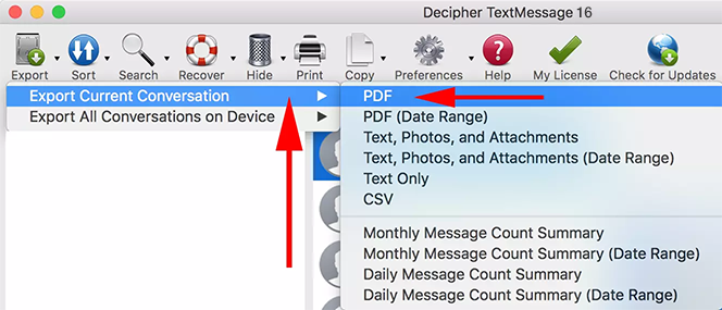 Choose the "Export" option in the menu of the program to export iPhone text messages from your iPhone to PDF.