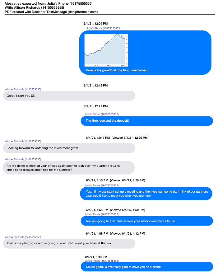 Example of iPhone text messages saved as a PDF for government agencies documentation of SMS, iMessages, and text messages