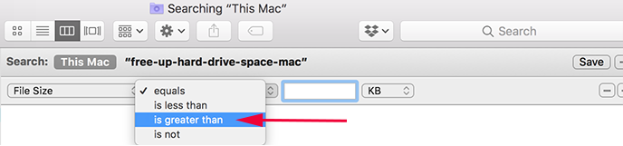 Pick "Equals" and the "is greater than" option.