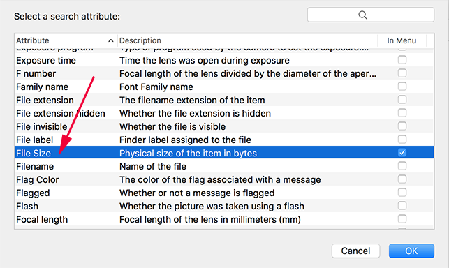 Select file size from the searchable option choices on your Mac.