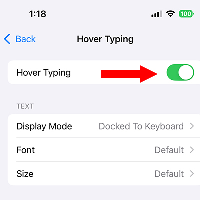 How to turn on hover typing on iPhone.