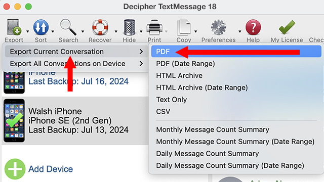 Select "Export" and pick "Current Conversation PDF" to save text messages from a loved one who has died.