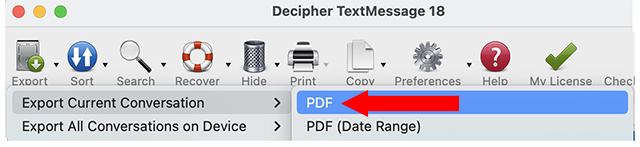 Select Export to export text messages on a Mac computer.