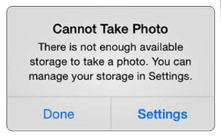 Cannot take photo. There is not enough available storage to take a photo.