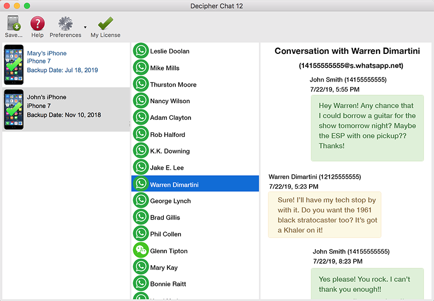 Screenshot of Decipher Chat showing available WhatsApp conversations for viewing and printing