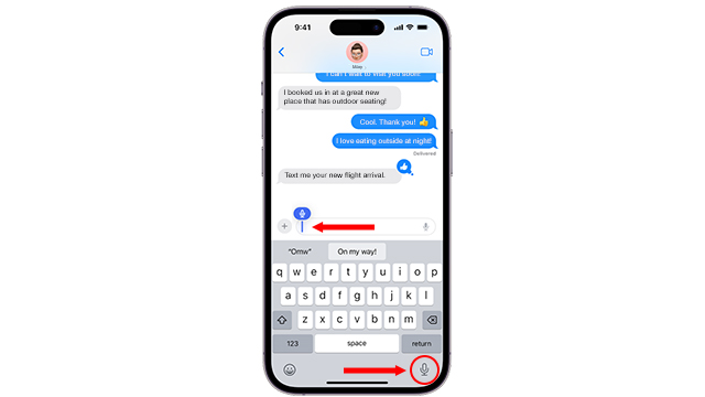 Select microphone to start dictating iPhone text messages by voice.
