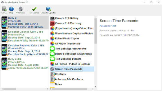 Decipher Backup Browser showing iPhone Screen Time passcode after the passcode was forgotten.