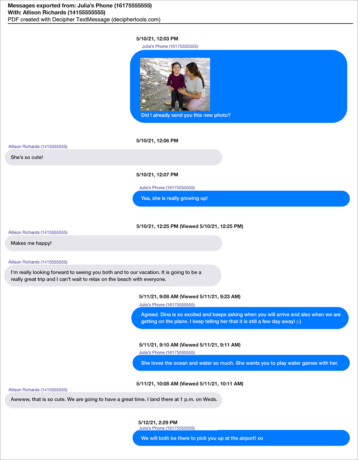 Selected iPhone text messages in PDF format exported using date range to save only selected text messages.