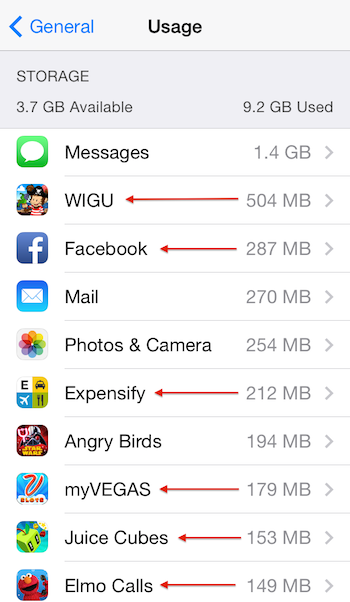 storage usage of apps in Settings → General → Usage