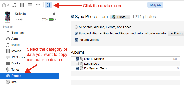 Selecting which photos you want to sync in with your iPhone in iTunes