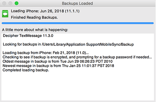 Screenshot of Decipher TextMessage backups loaded window