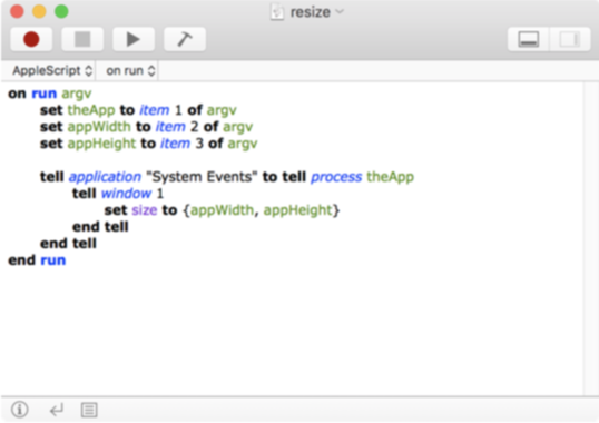 Script Editor showing AppleScript code to resize a window in macOS High Sierra.