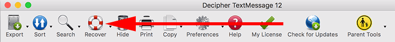 Deleted iPhone text message recovery button in Decipher TextMessage.