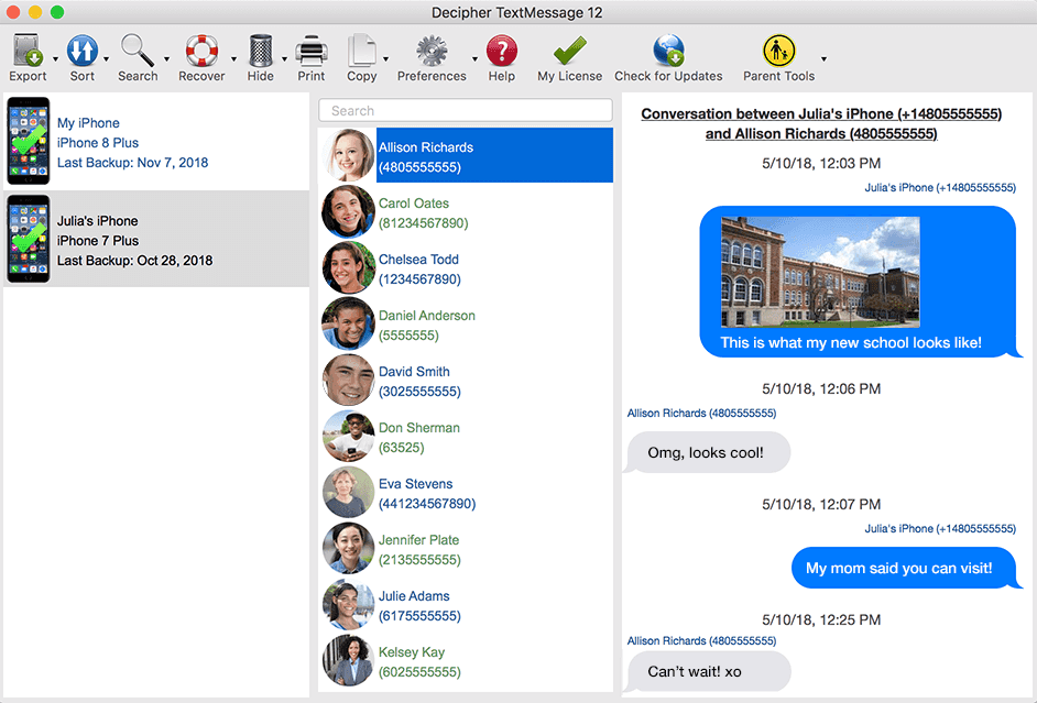 Screenshot of Decipher TextMessage showing parents how they can monitor their child or teen's iPhone text messages  message