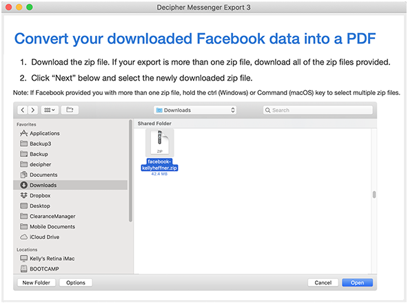 Import Facebook data into Decipher Messenger Export to save chats as PDF.
