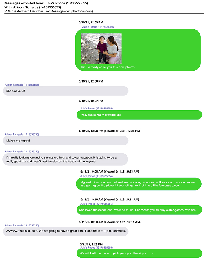 Exported PDF document of iPhone text messages with Android user.