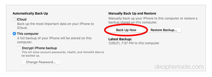 Choose Back Up Now to back up your iPhone to print iPhone text messages as a PDF.