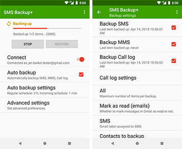 Instructions to save Android text messages with SMS Backup+.