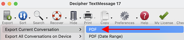 Choose Export to save text messages from iPad as a PDF.