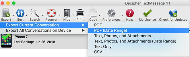 Screen capture showing how to print text messages on iPhone from specific dates for any real estate broker or agent range