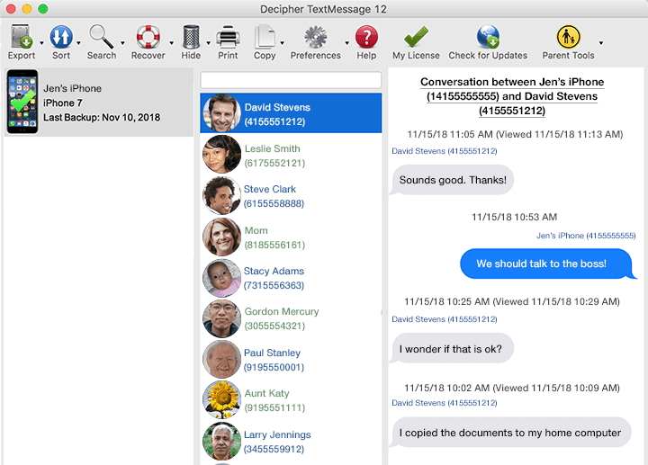 Screenshot of Decipher TextMessage that enable realtors to print text messages and iMessages.