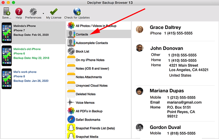 Recover iPhone contacts and put them back onto your iPhone using Decipher Backup Browser