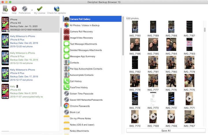iPhone backup photos as previewed in Decipher Backup Browser