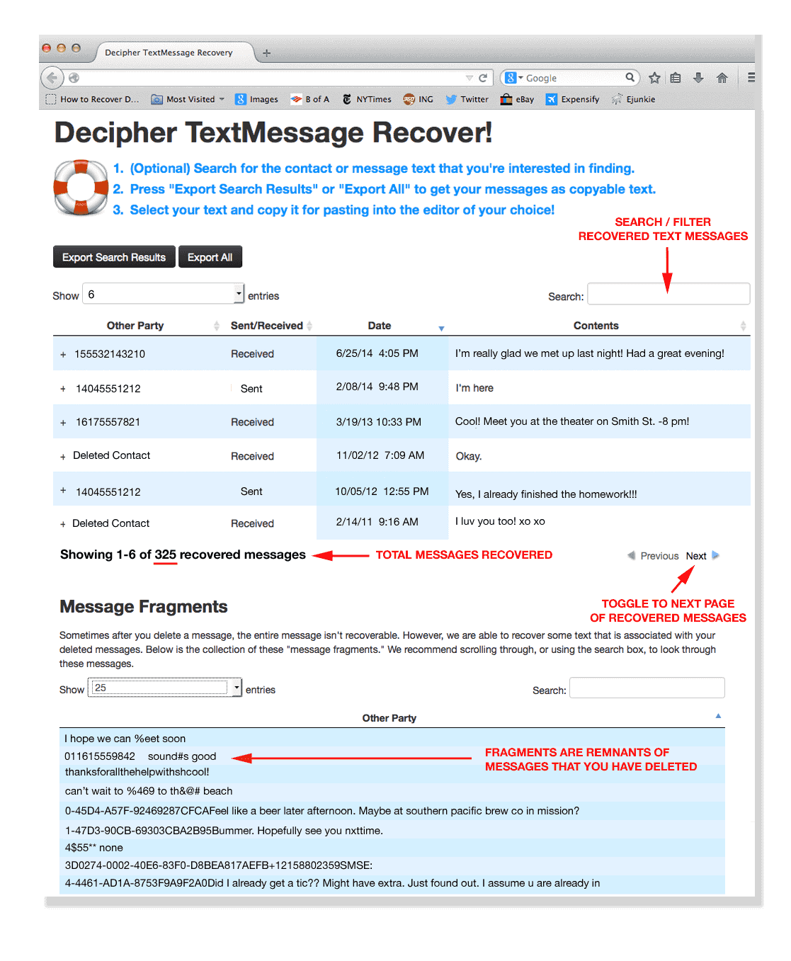 The recover text message screen in Decipher TextMessage helps you find messages you previously erased.