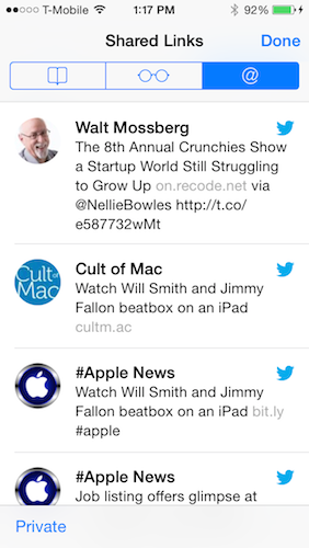 Safari Shared Links section in iOS7 showing my Twitter feed.