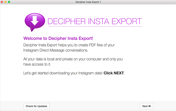 Decipher Insta Export Screenshot to save Instagram direct messages to computer.