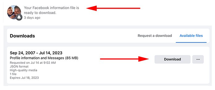 Facebook data download notification.