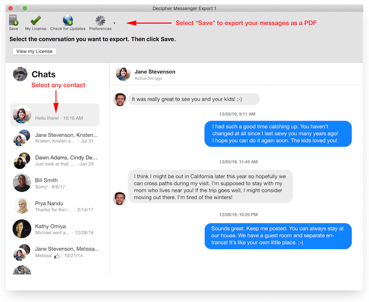 Decipher Messenger Export displays all your Messenger contacts and conversations in an easy to read format.