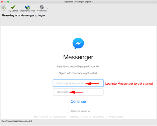 Log into your child's Facebook account via Decipher Messenger Export.