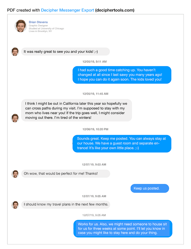 Example of saved PDF of exported Facebook conversations and chats