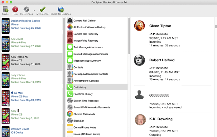 How to save iPhone call history logs to computer with Decipher Backup Browser.