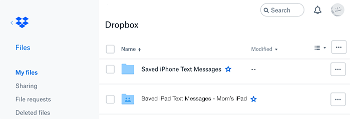 Dropbox screenshot of folders containing saved iPhone and iPad text messages