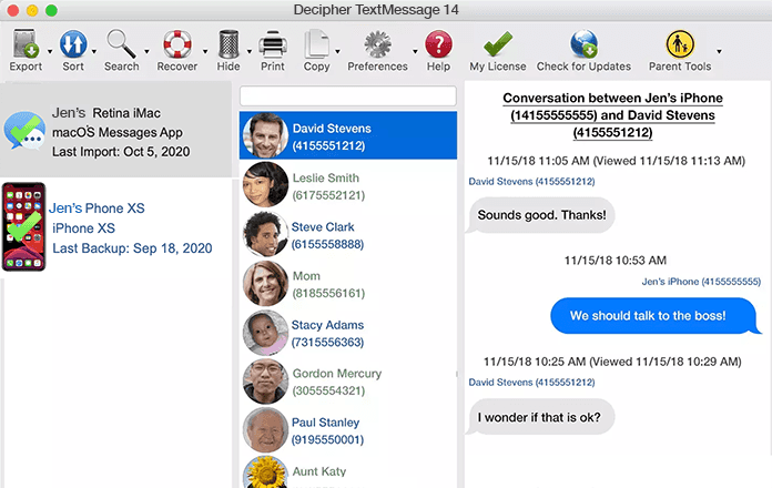 Decipher TextMessage screenshot that shows how to save messages from Messages app on any Mac computer and print them out as a PDF file.