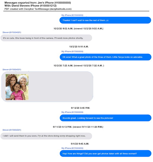 This is what a PDF of text messages looks liked when saved to your comptuer.