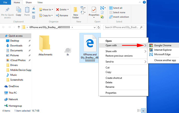 Opening exported iPhone message history in Google Chrome on Windows 10.
