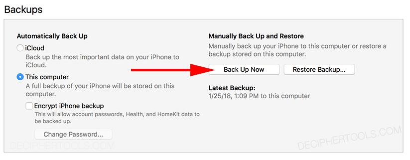 Screenshot showing the Back Up Button in iTunes to make a backup of your iPhone