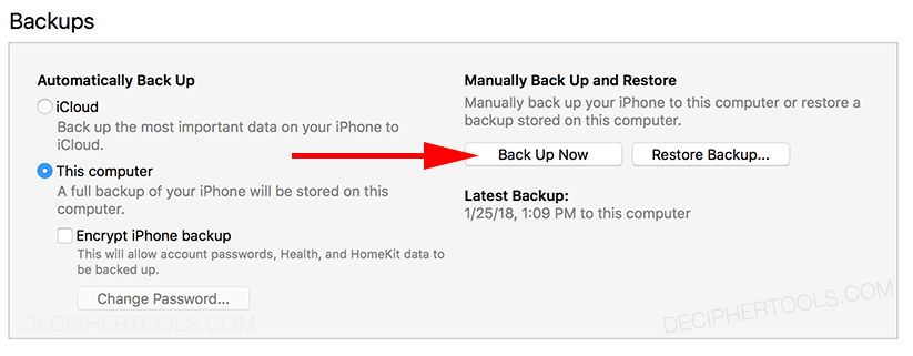 Screenshot showing the Back Up Now button in iTunes